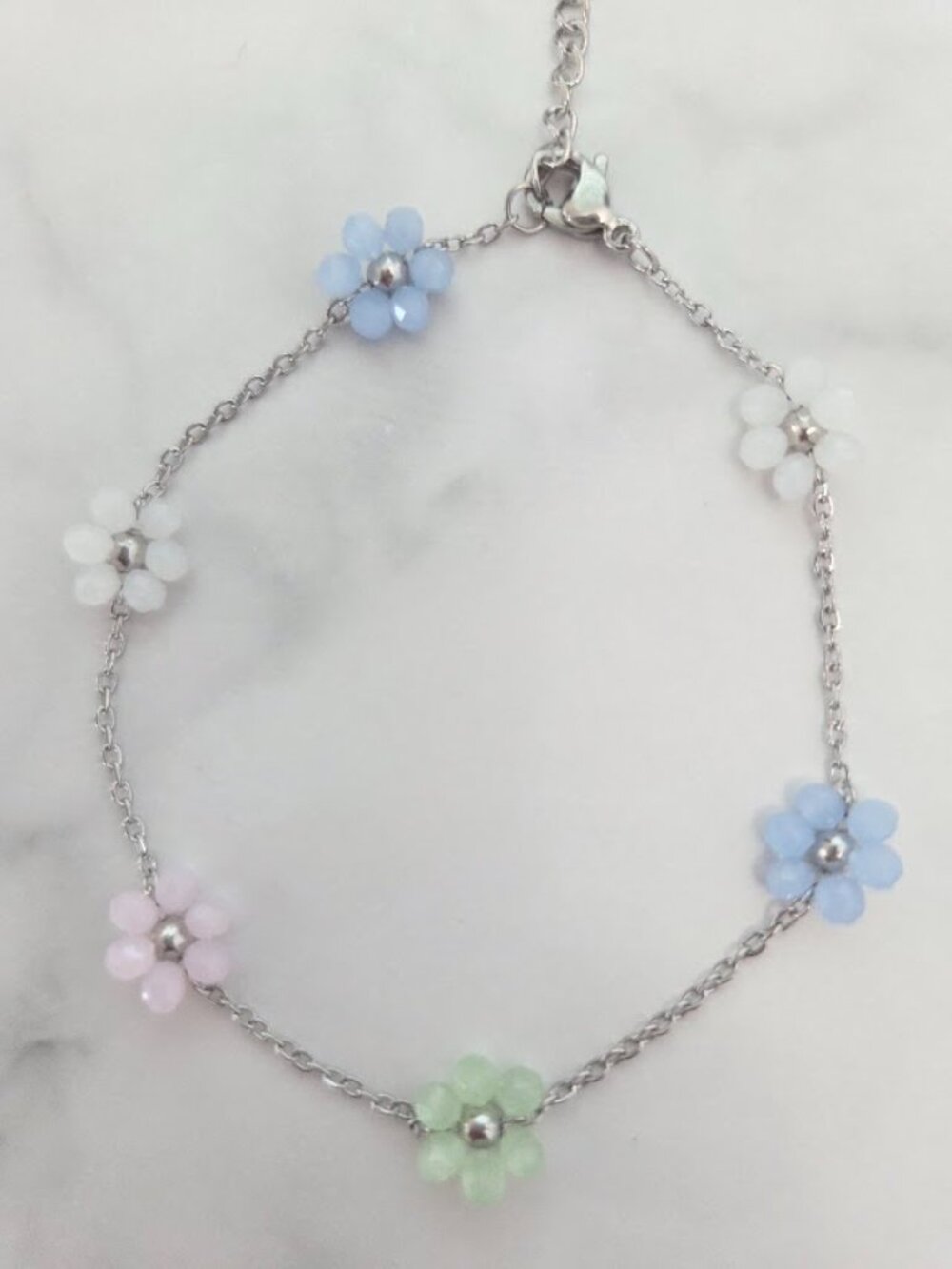 Dainty Pastel Flower Anklet Silver Tone Pink Blue Green Floral Ankle Bracelet - Picture 14 of 17